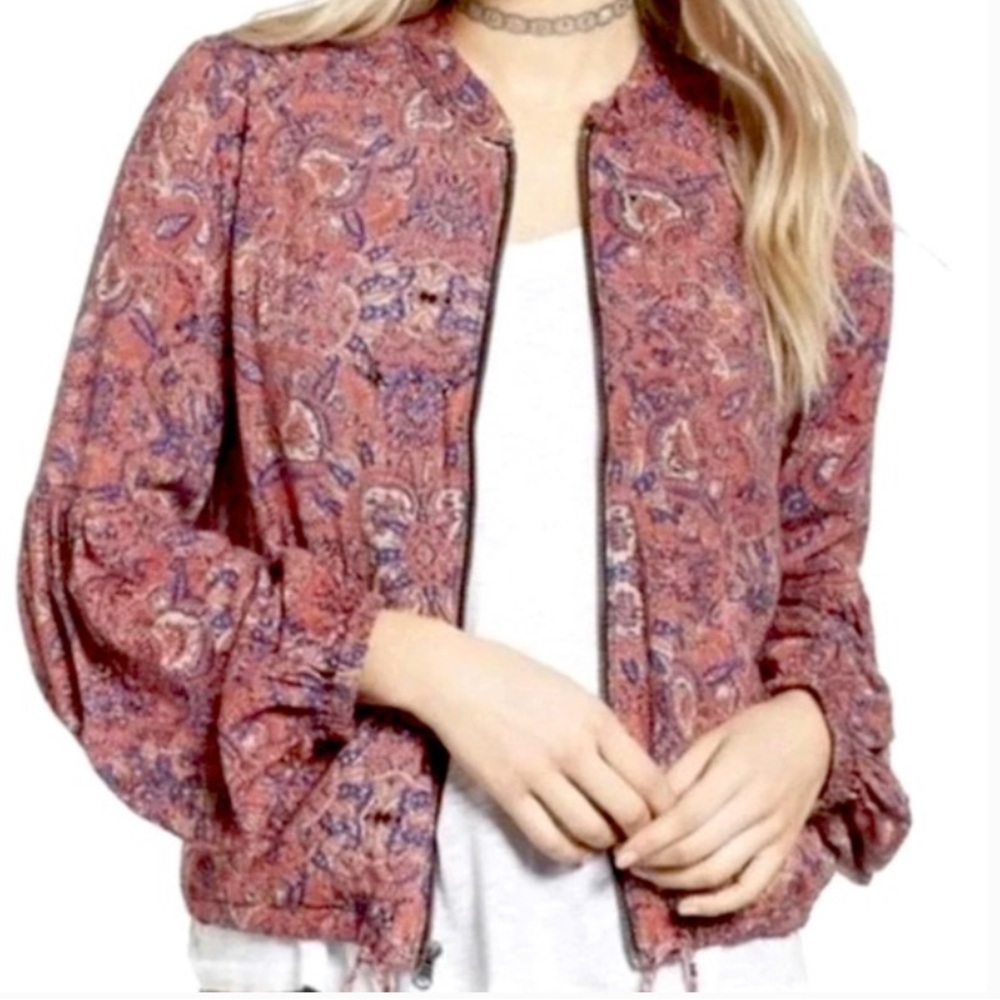 Free People Paisley Print Bell Sleeve Boho Bomber Jacket Size S